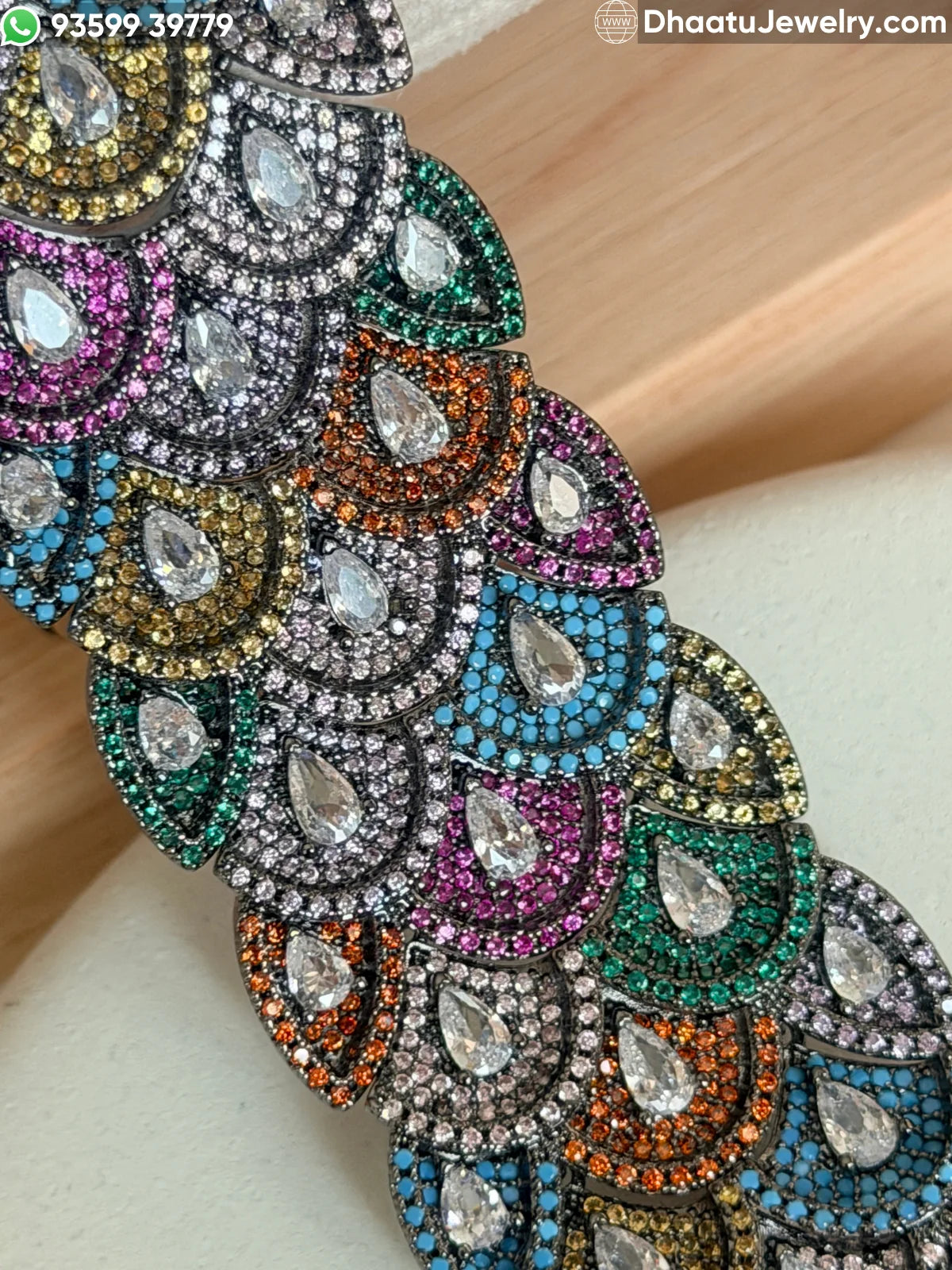 Multicolor Scalloped Peacock Tail Bracelet in Gold & Black Rhodium Finish - 18cm to 21cm Extendable Cubic Zirconia Statement Jewelry