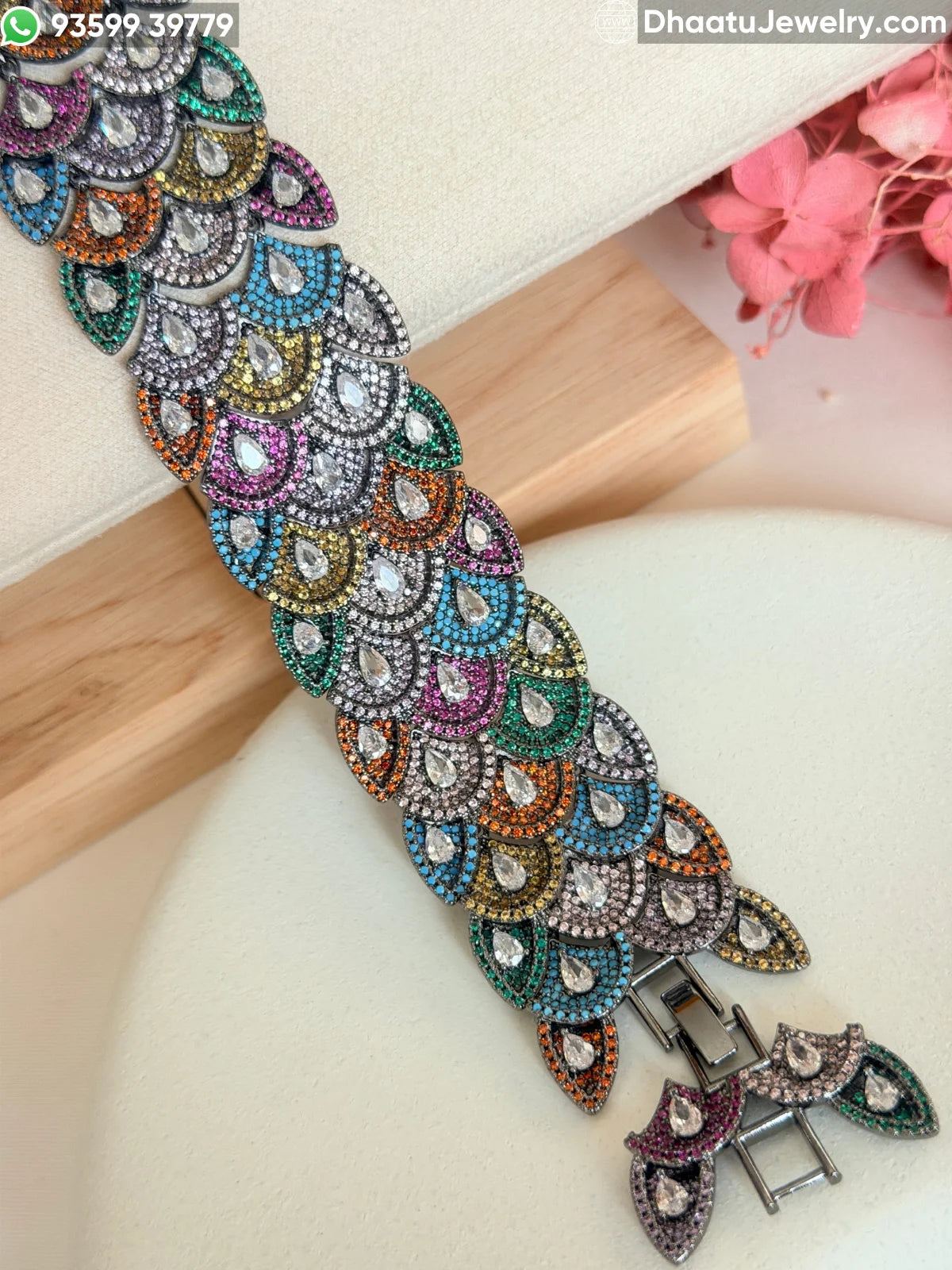 Multicolor Scalloped Peacock Tail Bracelet in Gold & Black Rhodium Finish - 18cm to 21cm Extendable Cubic Zirconia Statement Jewelry