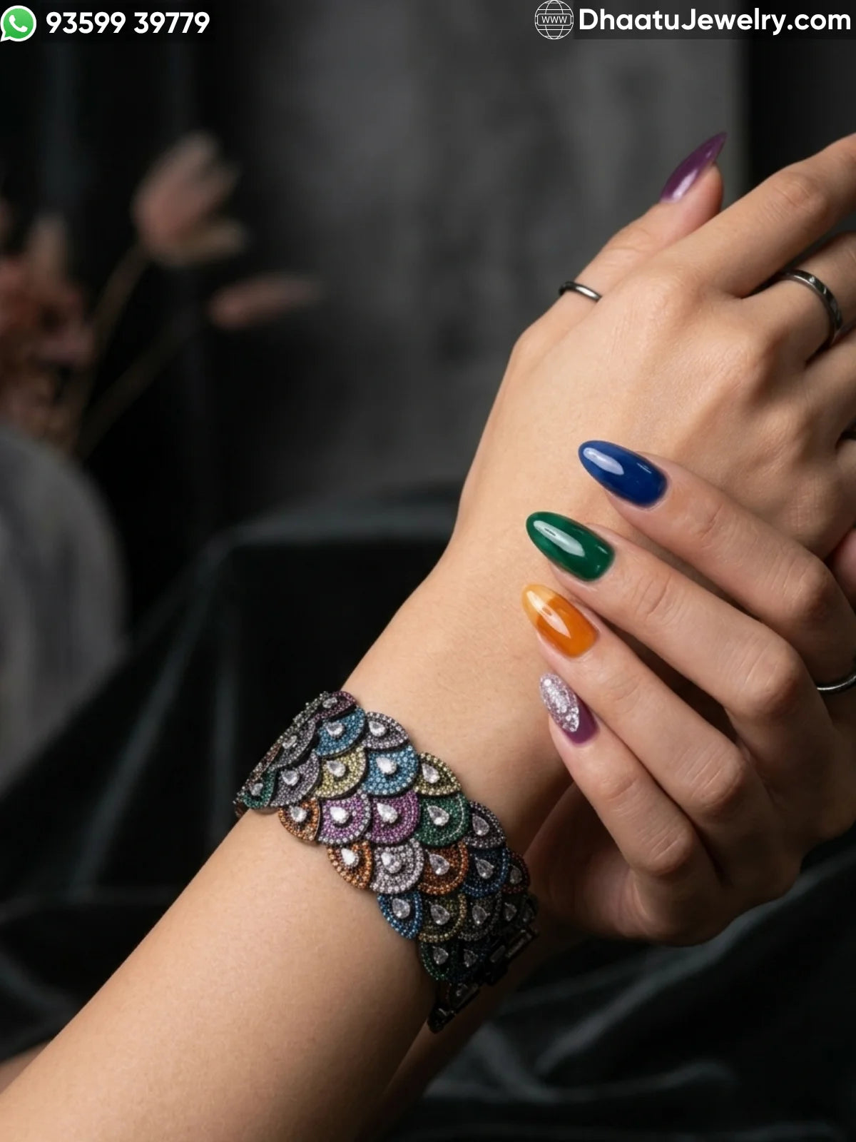 Multicolor Scalloped Peacock Tail Bracelet in Gold & Black Rhodium Finish - 18cm to 21cm Extendable Cubic Zirconia Statement Jewelry