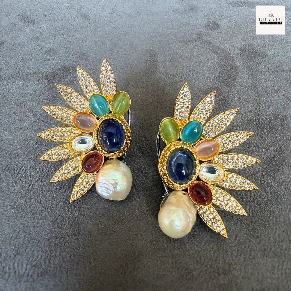 Rivaayat Handcrafted Sunburst Ear Cuffs with Baroque Pearls and Multi-Hue Cabochons