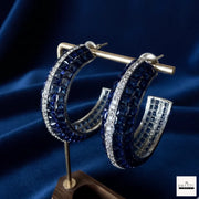 Royal Blue Princess-Cut Statement Hoops with Cubic Zirconia Accents – Silver Plated