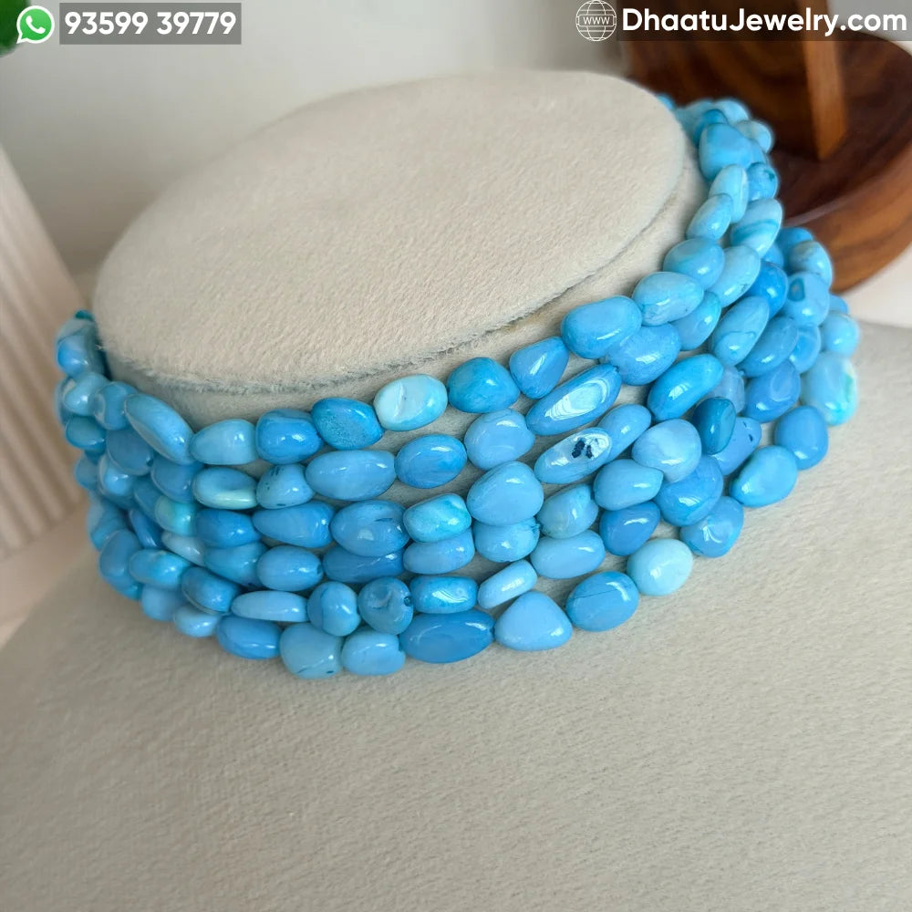 6-Layer Sky Blue Tumbled Natural Stone Choker Necklace - 4.5cm Wide Statement Bead Jewelry with Adjustable Cord