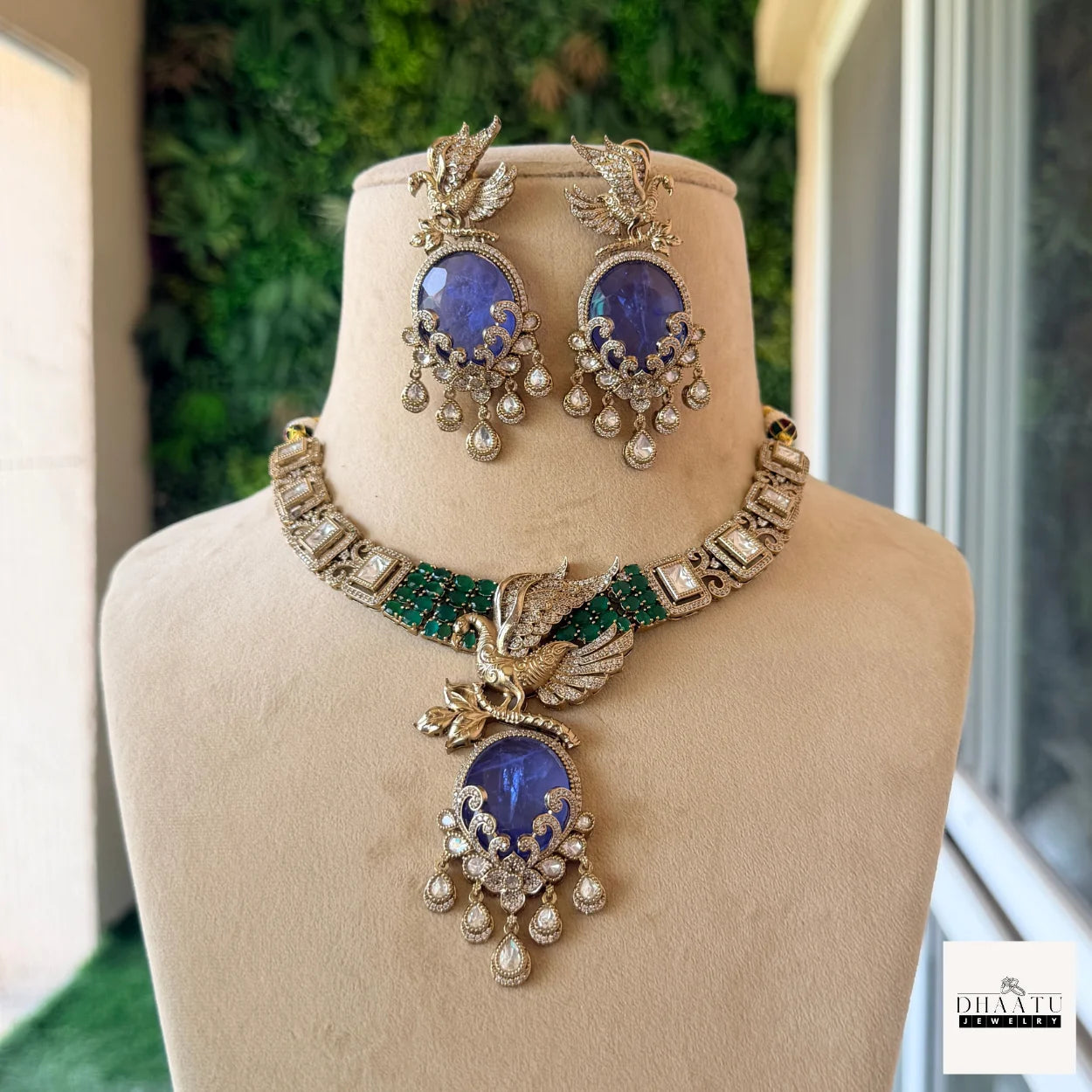 Handcrafted Peacock Motif Fusion Necklace Set with Polki Work and Vibrant Drop Stones