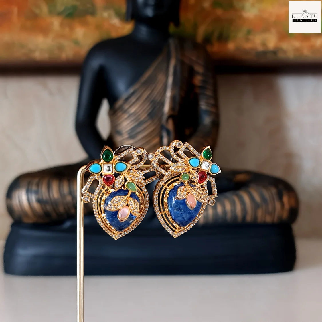 Artisan-Crafted Heart-Shaped Artificial Stud Earrings with Multi-Color Stones