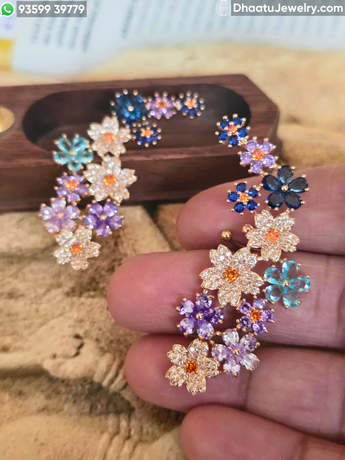 Premium Gold Plated Floral Ear Climber Cuff Earrings – Handcrafted Multicolored & Blue Stone Studded Botanical Crawlers with Secure Cartilage Clasp