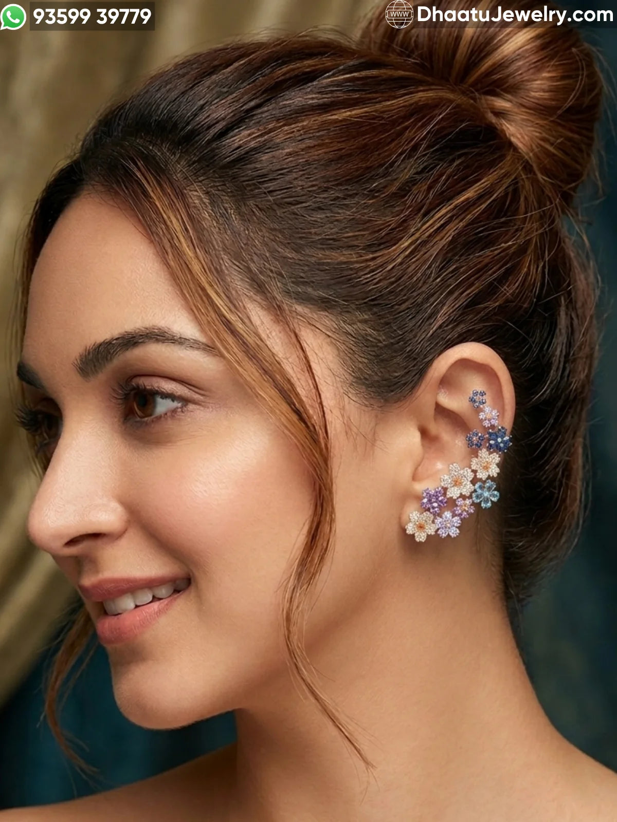 Premium Gold Plated Floral Ear Climber Cuff Earrings – Handcrafted Multicolored & Blue Stone Studded Botanical Crawlers with Secure Cartilage Clasp
