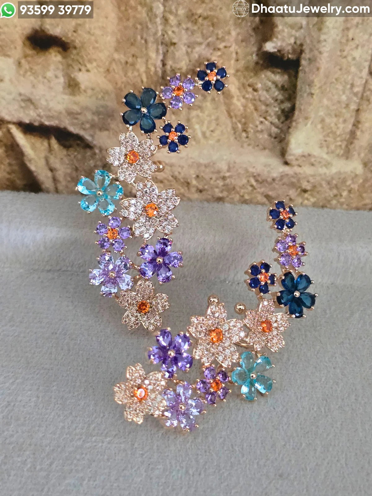 Premium Gold Plated Floral Ear Climber Cuff Earrings – Handcrafted Multicolored & Blue Stone Studded Botanical Crawlers with Secure Cartilage Clasp