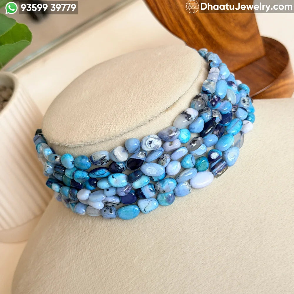 Handcrafted 6-Layer Blue Agate Natural Stone Choker Necklace | 4.5cm Wide & 23cm Long Beaded Statement Jewelry