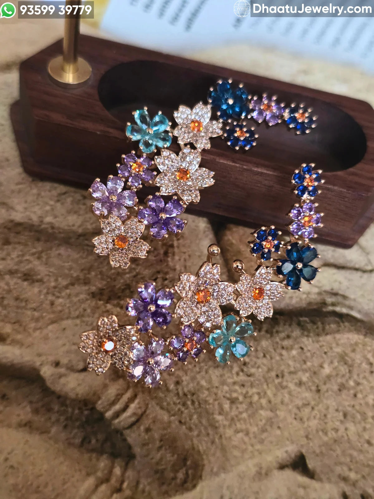 Premium Gold Plated Floral Ear Climber Cuff Earrings – Handcrafted Multicolored & Blue Stone Studded Botanical Crawlers with Secure Cartilage Clasp