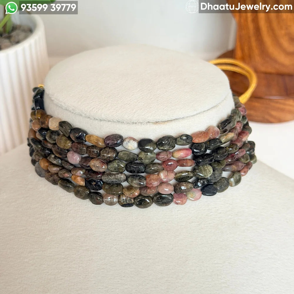 6-Layer Multi-Color Natural Tourmaline Stone Bead Choker Necklace - Handcrafted Earthy Green & Pink Statement Jewelry (4.5cm x 23cm)