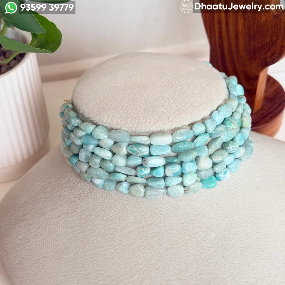 6-Layer Natural Amazonite Stone Bead Choker Necklace – Aqua Blue Tumbled Gemstone Statement Jewelry (23cm x 4.5cm)
