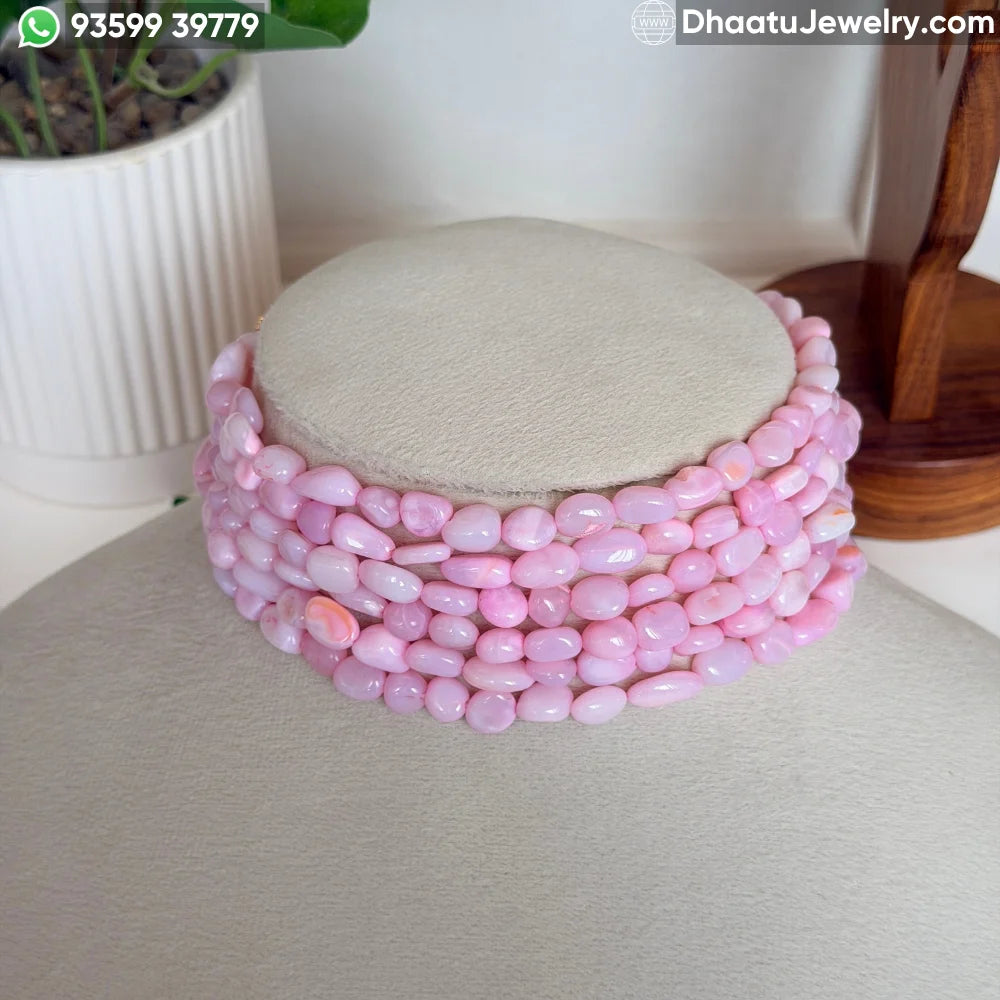 Natural Pink Opal 6-Layer Beaded Choker Necklace - 4.5cm Wide Adjustable Statement Jewelry