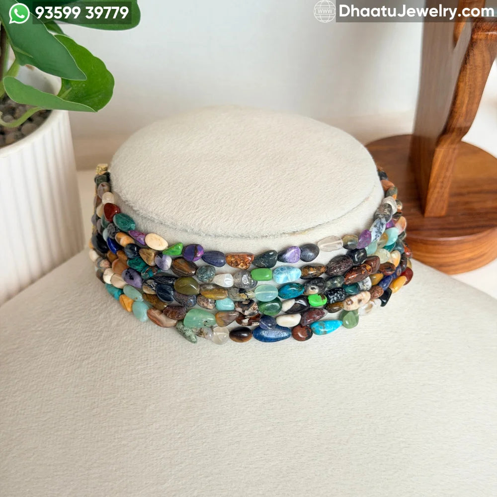 Multicolor Mixed Natural Semi-Precious Gemstone 6-Layer Choker Necklace | 4.5cm Wide Handcrafted Tumble Stone Bead Jewelry