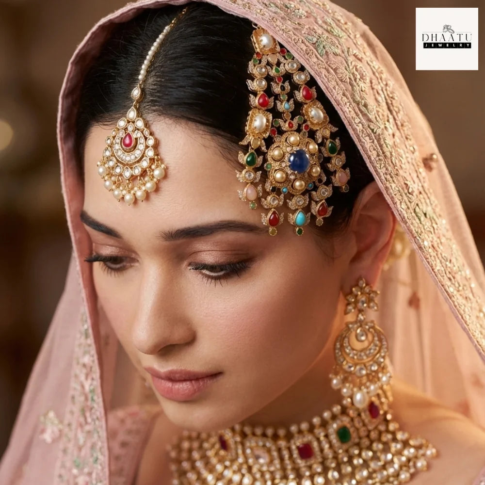 Kundan Passa – Traditional Jhumar Hair Accessory with Pearl Droplets & Multicolor Stones
