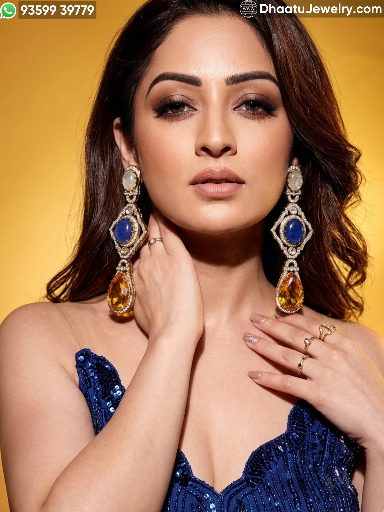 Antique Mehendi Plated Moissanite Drop Earrings with Blue & Amber Doublet Stones