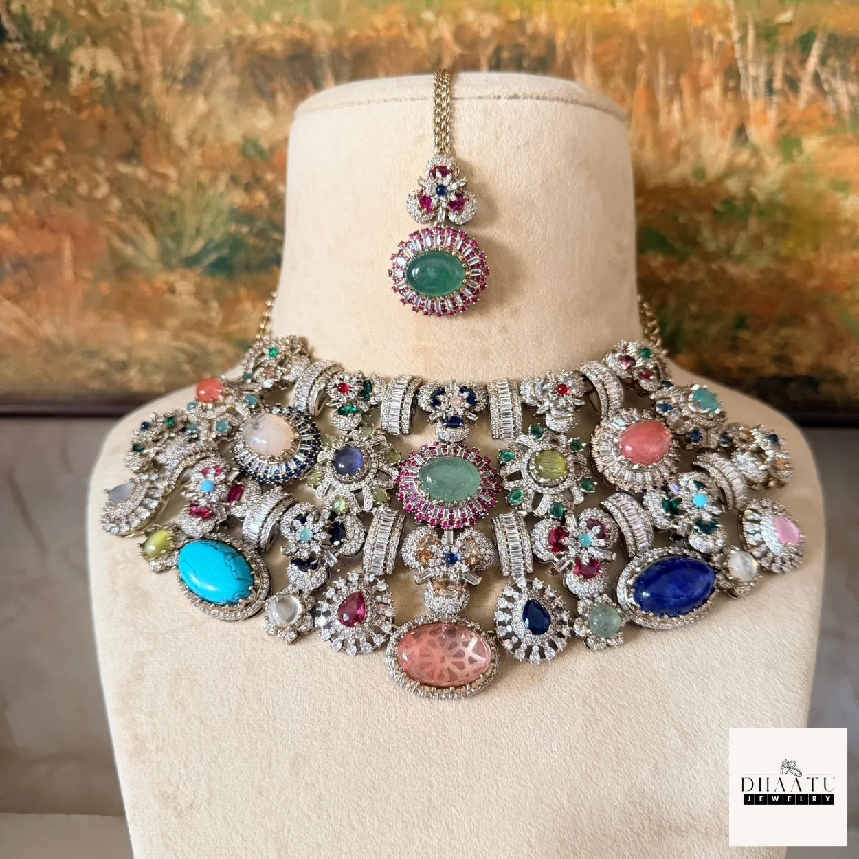 Afreen Set - Victorian Finish 4 Layered Bridal Choker Set with Multi-Color Doublet Stones & Maang Tika