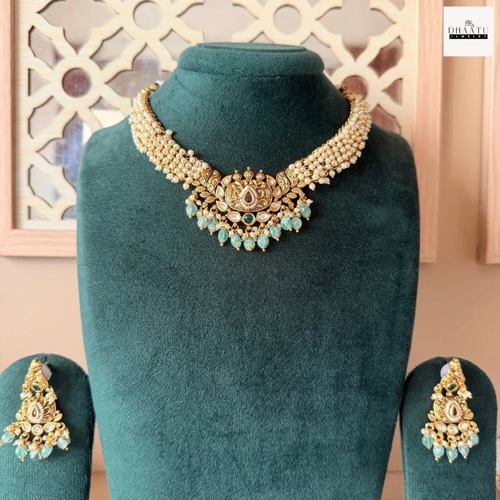 Antique Gold-Plated Guttapusalu Choker Set with Pearls and Kundan Accents