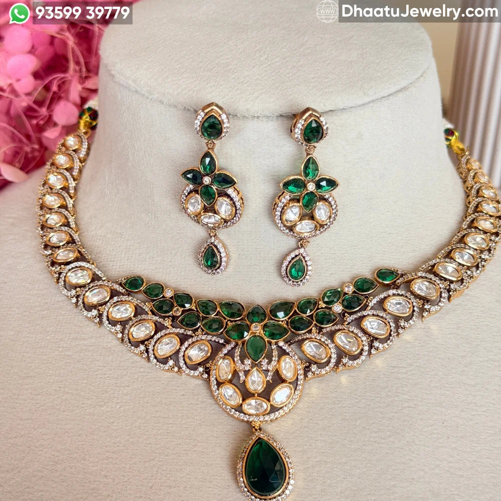 Handcrafted Emerald Green Moissanite and Real Polki Necklace Set with Matching Drop Earrings – Antique Gold Finish Bridal & Festive Jewelry