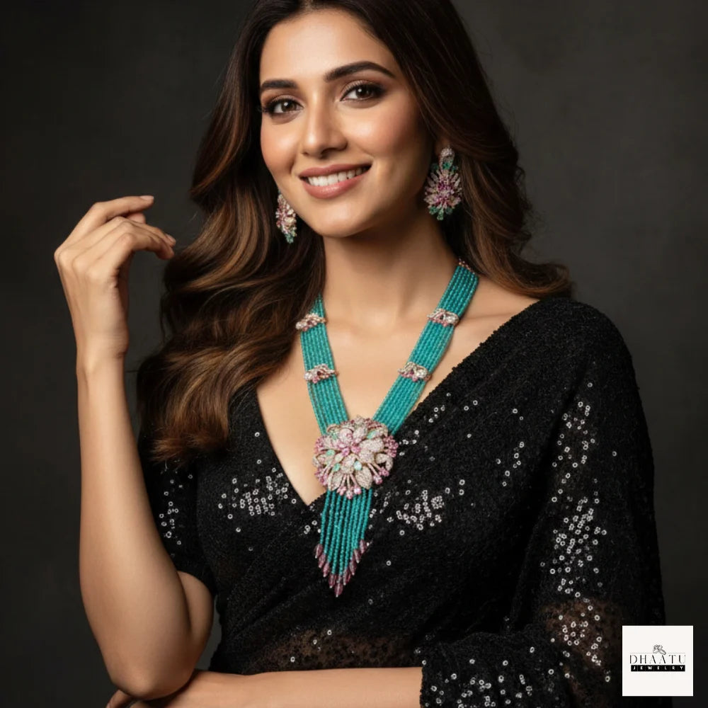 Gulnaar Floral Bloom Emerald Green Bead Necklace and Earring Set – Dhaatu