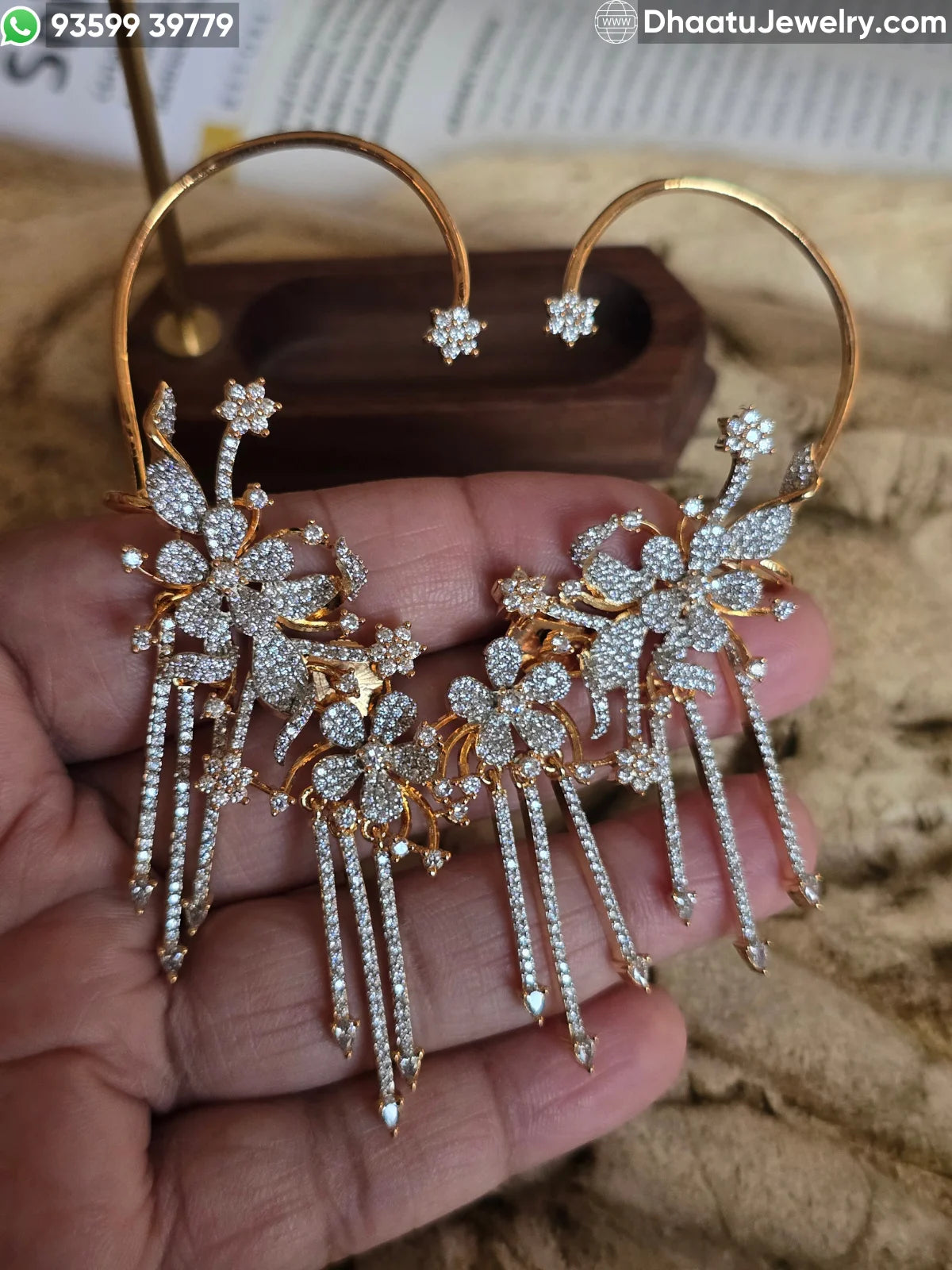 Gold Plated Floral Ear Cuff Earrings - Premium Zircon Studded Flower and Leaf Crawler with Hanging Stone Tassels