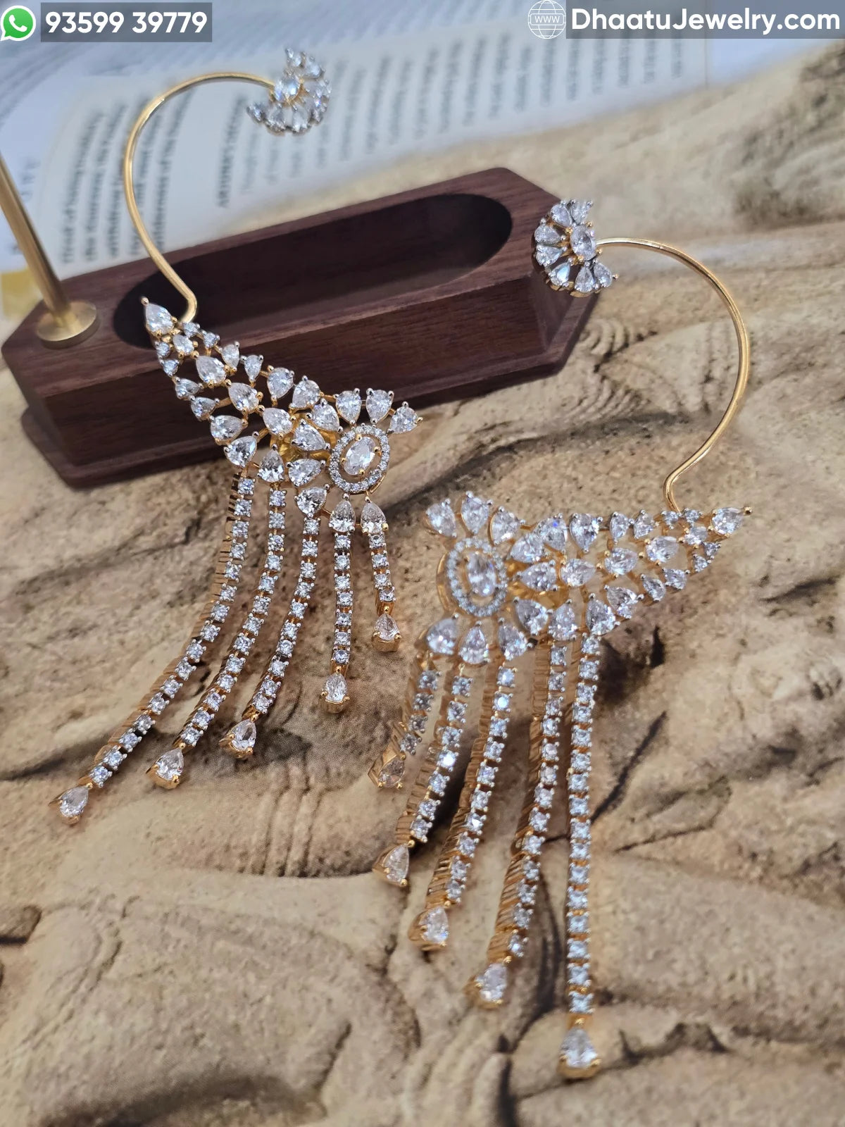 Premium Gold-Plated Floral Ear Cuff Earrings with Crystal Tassel Fringe – AAA+ Cubic Zirconia Statement Wrap Earrings for Weddings & Red Carpet Events