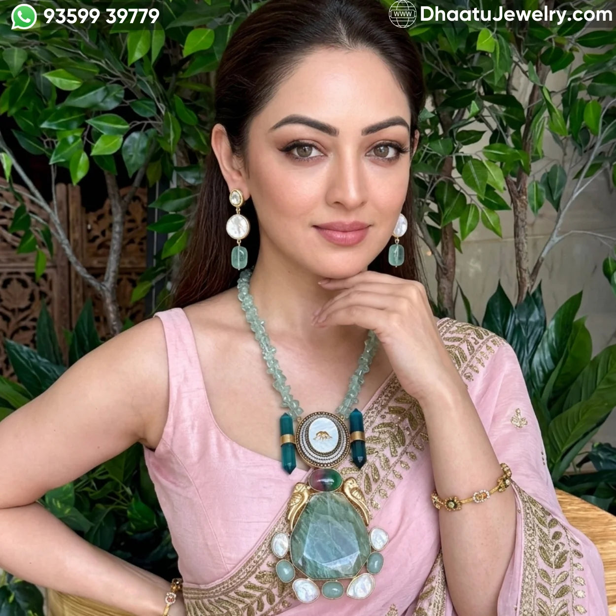 Handcrafted Fusion Statement Necklace Set with Elephant Motif, Emerald-Green Stones, and Baroque Pearls