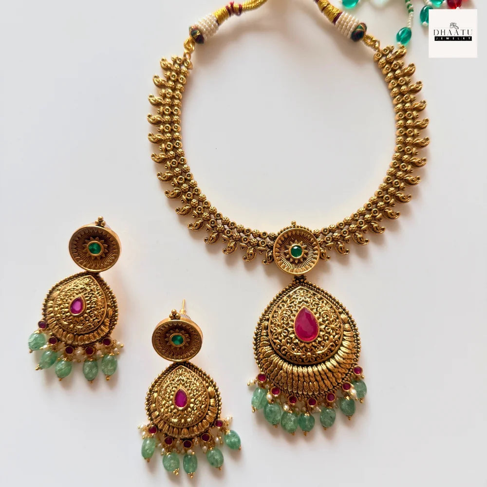Antique Gold-Plated Temple Jewelry Set - Intricate Ruby & Emerald Floral Choker with Green Bead Droplets