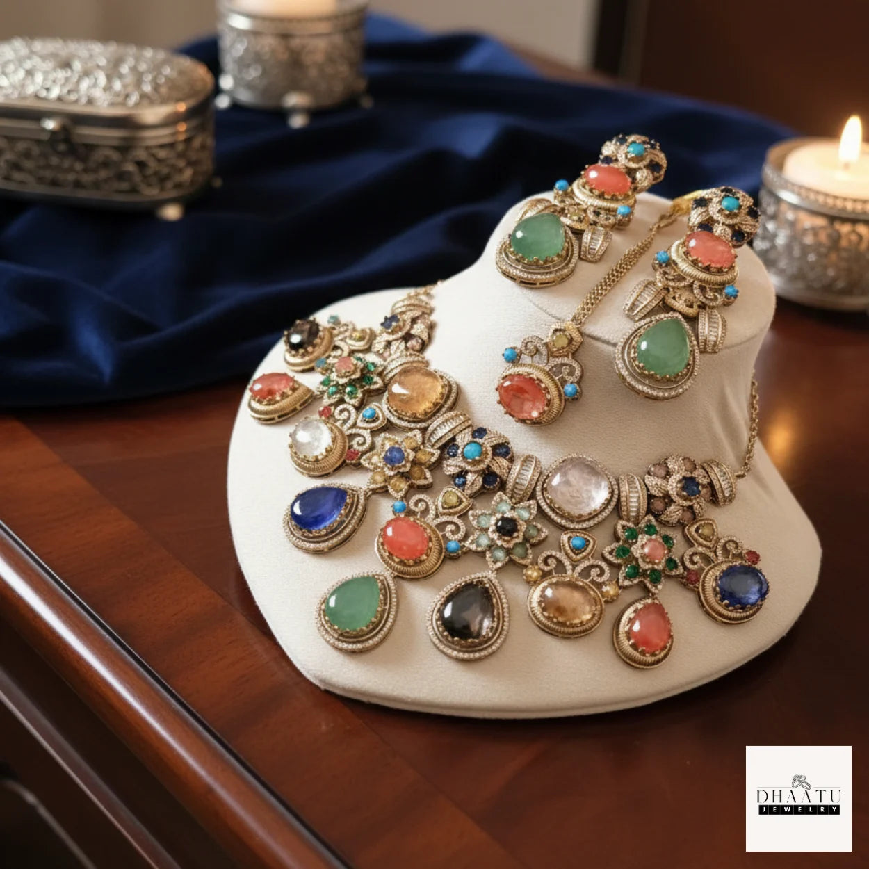 Antique Brass Choker Set with Multi-Color Doublet Stones – Includes Earrings & Maang Tika