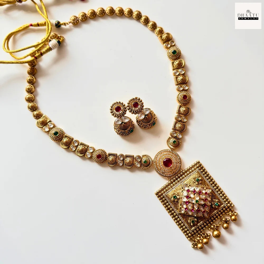 Antique Gold-Plated Kundan & Ruby Floral Square Pendant Temple Necklace Set with Jhumkas