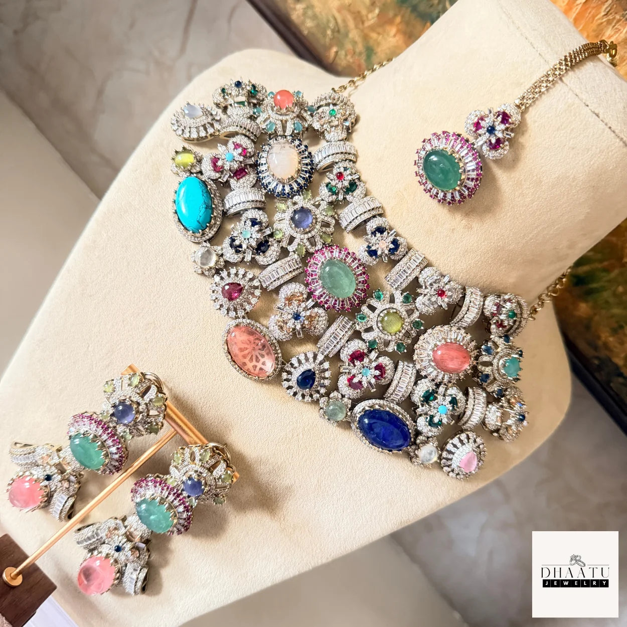 Afreen Set - Victorian Finish 4 Layered Bridal Choker Set with Multi-Color Doublet Stones & Maang Tika