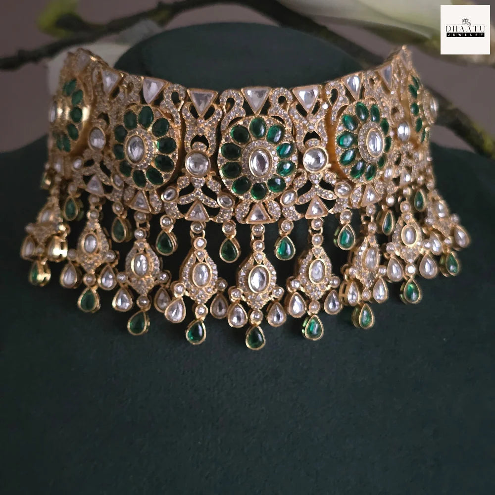 Regal Kundan Choker Set with Natural Gemstones – Traditional Bridal Necklace & Earrings