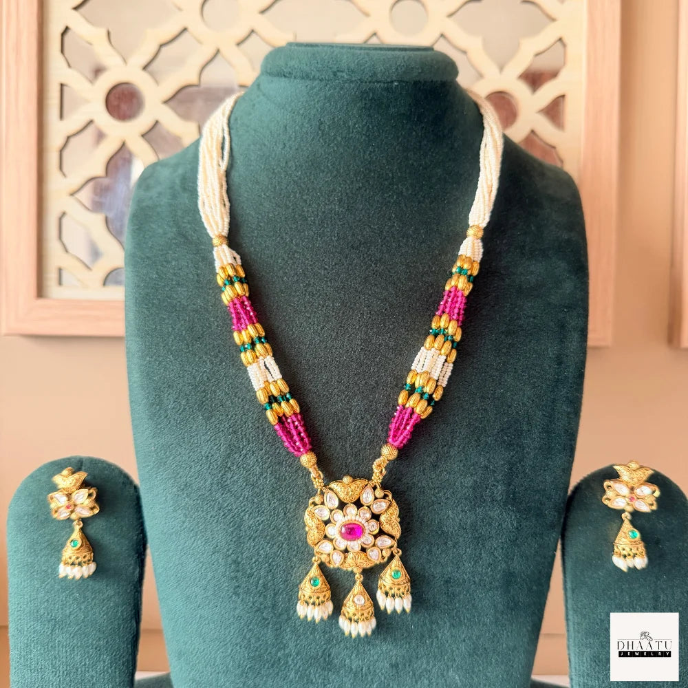Antique Gold-Plated Kundan & Ruby Bead Guttapusalu Necklace Set with Jhumka Earrings