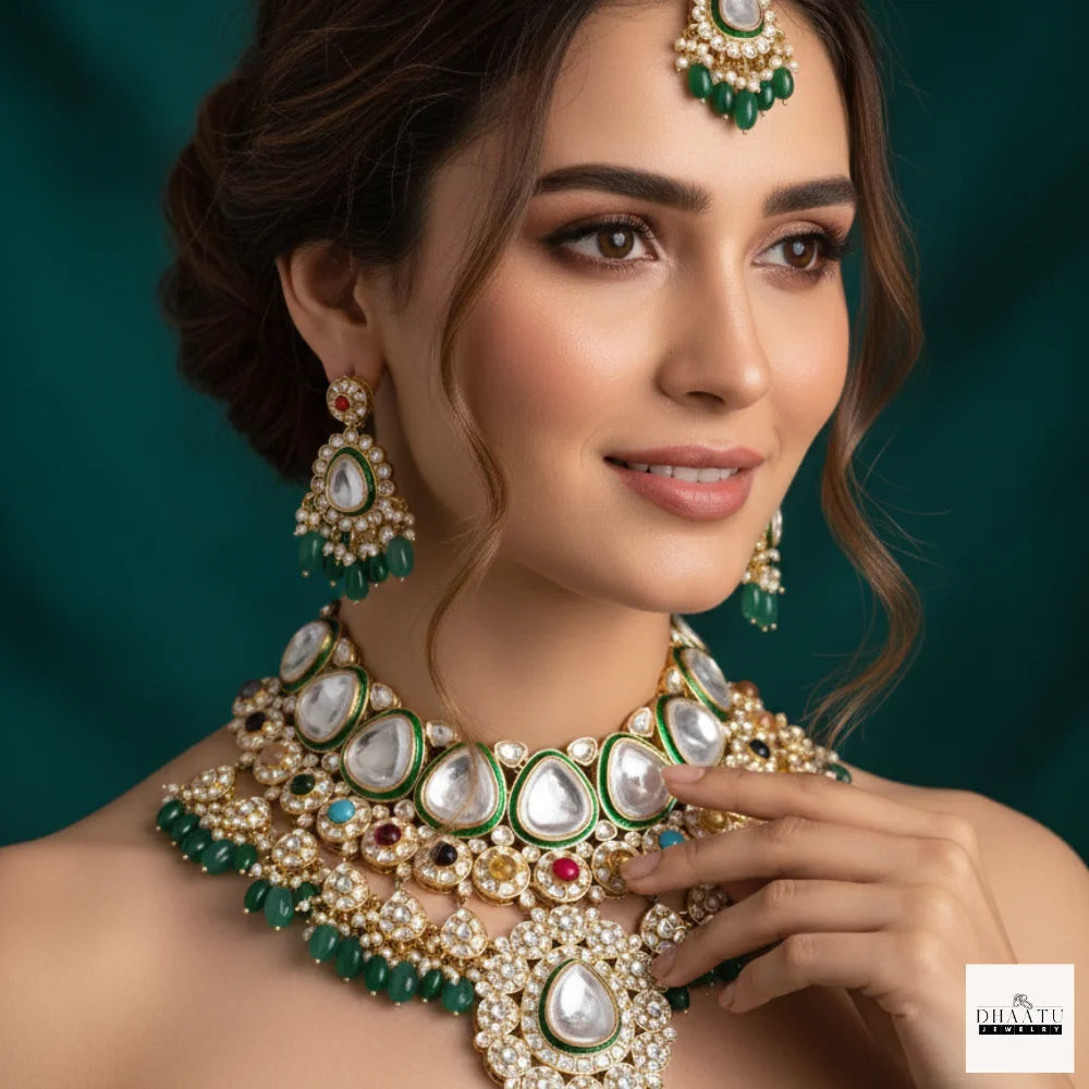 Handcrafted Kundan Bridal Necklace Set with Natural Multi-Colored Gemstones