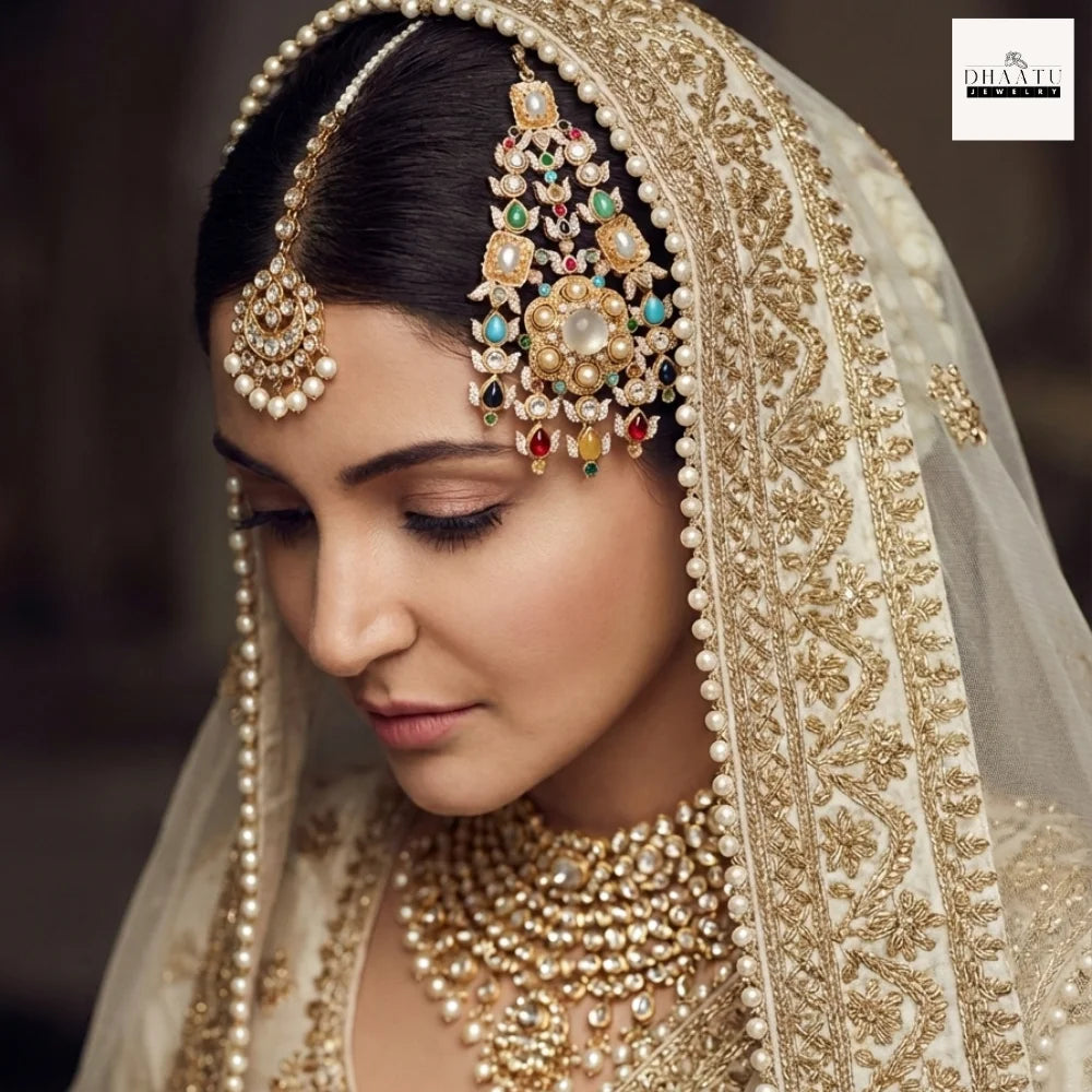 Kundan Passa – Traditional Jhumar Hair Accessory with Pearl Droplets & Multicolor Stones