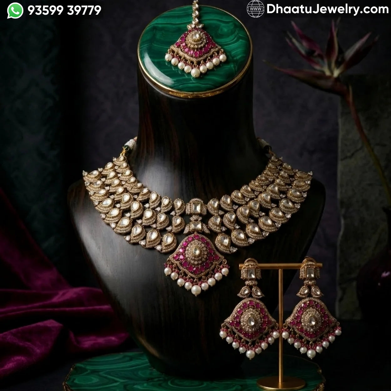 Magenta Kundan Bridal Choker Set in Mehendi Finish with Maang Tika