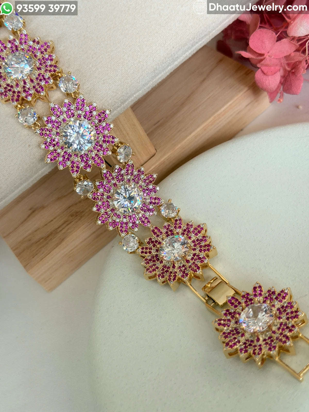 Floral Burst 18k Gold Plated Adjustable Bracelet - Zirconia Sunflower Link Design in Multicolor, Canary Yellow, and Ruby Pink (18-21cm)