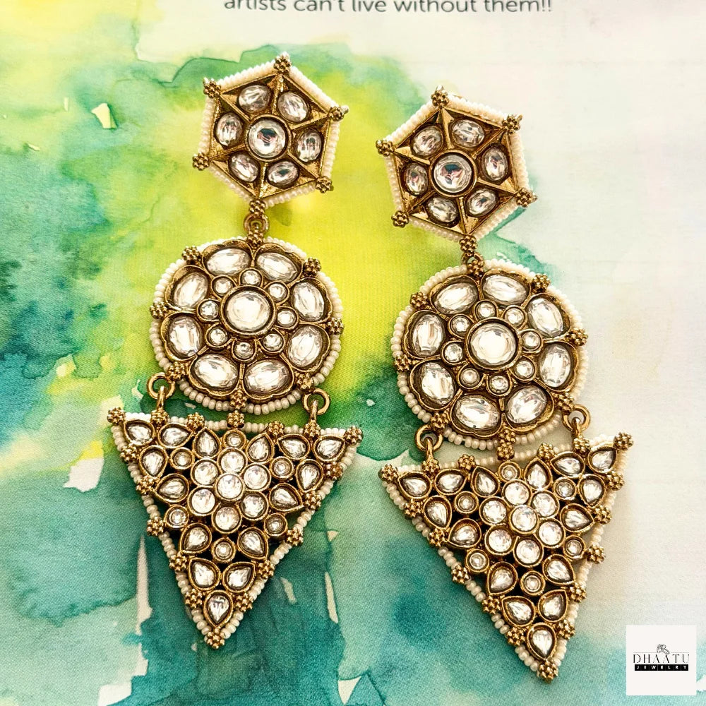 Exquisite Polki & Multicolored Kundan Stone Victorian Drop Earrings - Statement Earrings