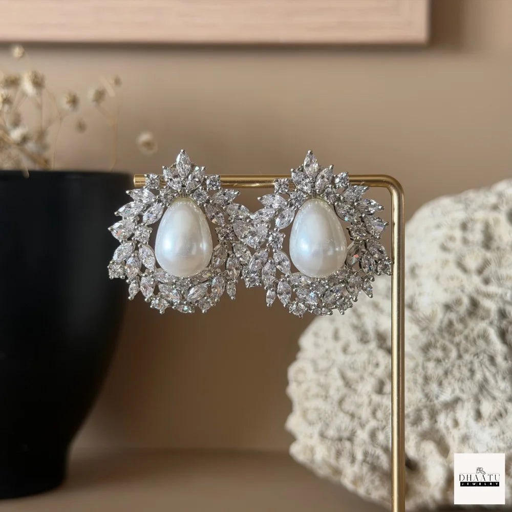 Lustrous Teardrop Pearl & American Diamond (AD) Halo Stud Earrings (Available in Gold & Silver)