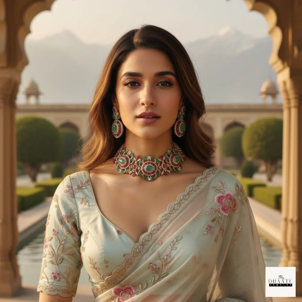 Gulnaar Mint Green & Pink Stone Choker Set with Multi-Strand Pearls