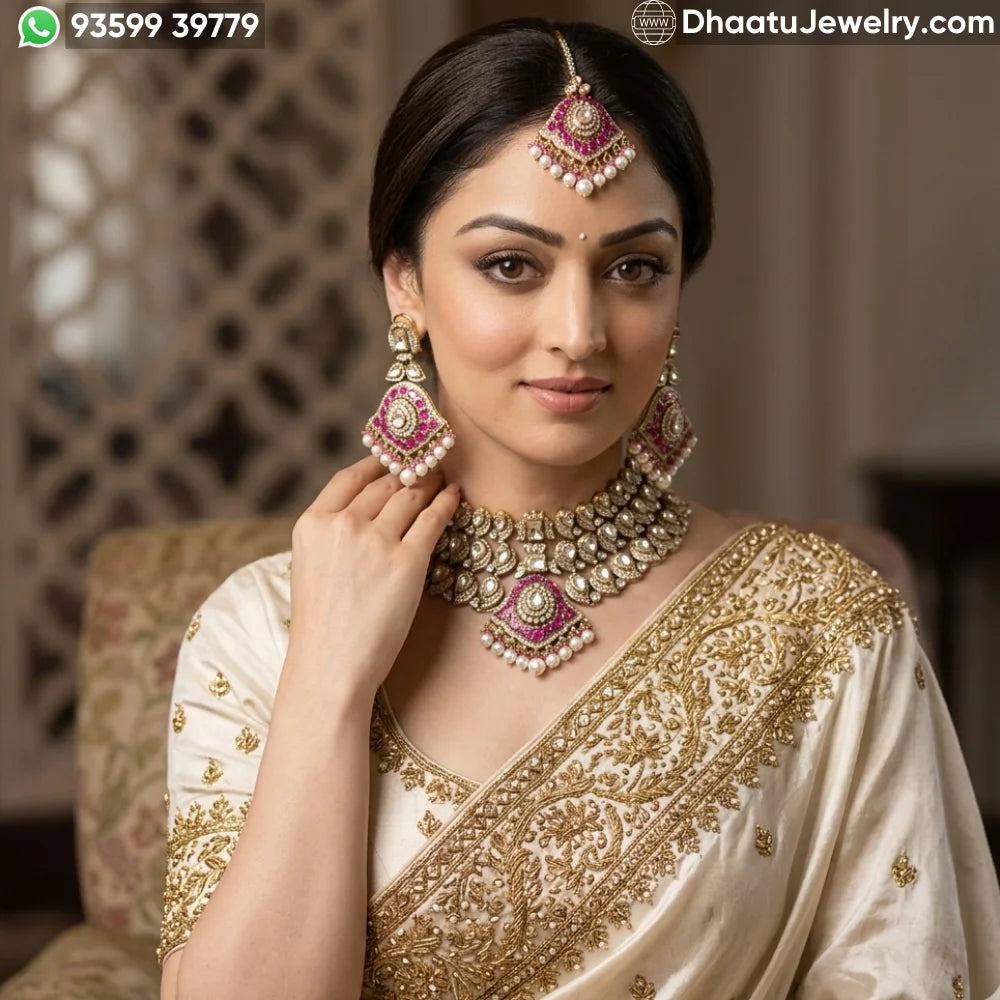 Magenta Kundan Bridal Choker Set in Mehendi Finish with Maang Tika