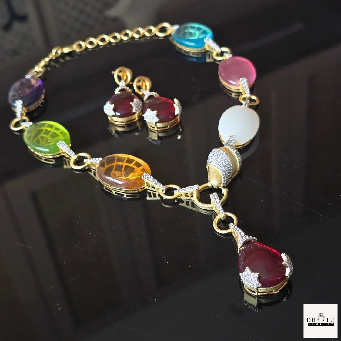 Designer Inspired Multi-Color Carved Stone Gold-Tone Statement Necklace & Earring Set
