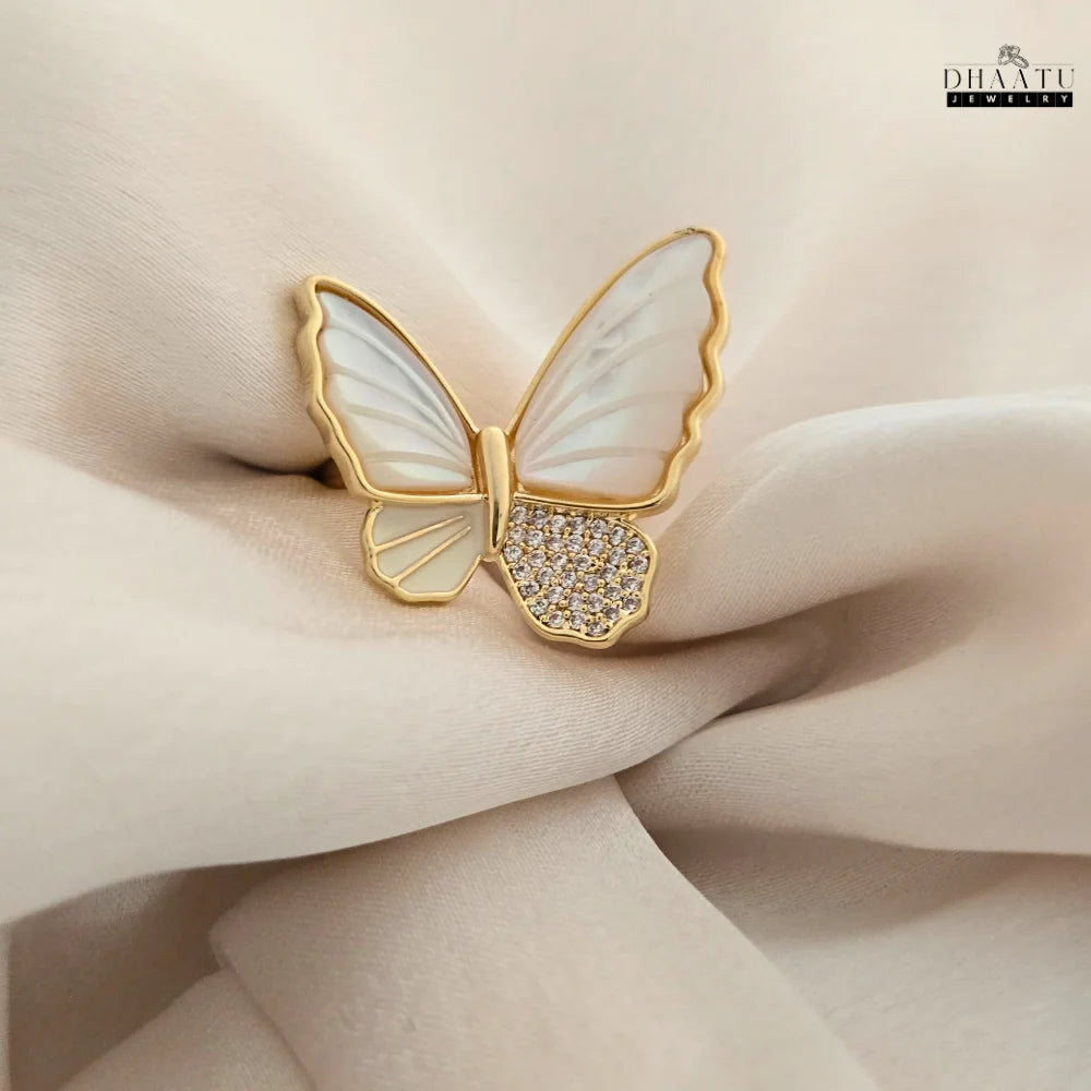 Mother of Pearl Butterfly Ring with Crystal Accents - Gold Tone
