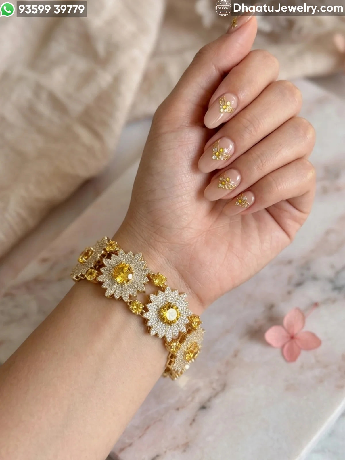 Floral Burst 18k Gold Plated Adjustable Bracelet - Zirconia Sunflower Link Design in Multicolor, Canary Yellow, and Ruby Pink (18-21cm)