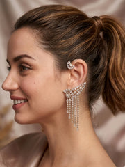Premium Gold-Plated Floral Ear Cuff Earrings with Crystal Tassel Fringe – AAA+ Cubic Zirconia Statement Wrap Earrings for Weddings & Red Carpet Events