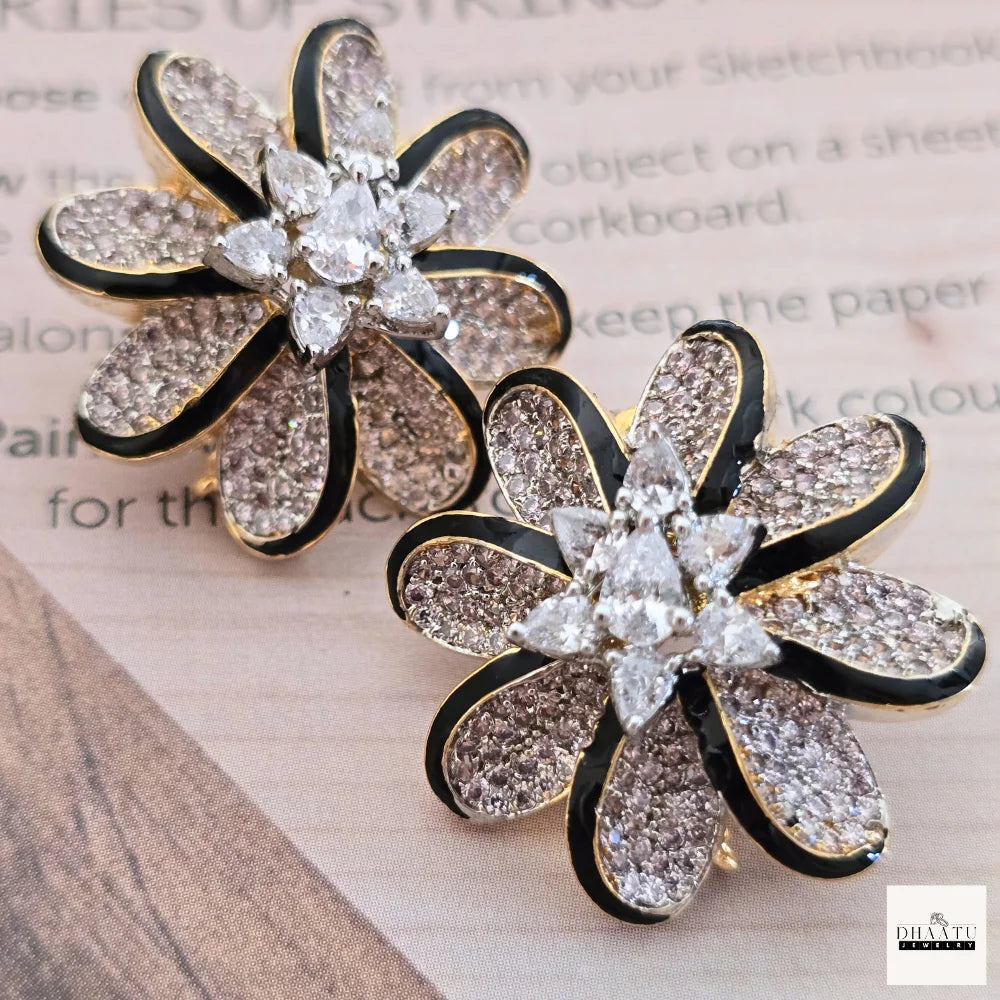 Lumina Enamel-Edged Crystal Floral Stud Earrings | Gold-Plated Statement Jewelry
