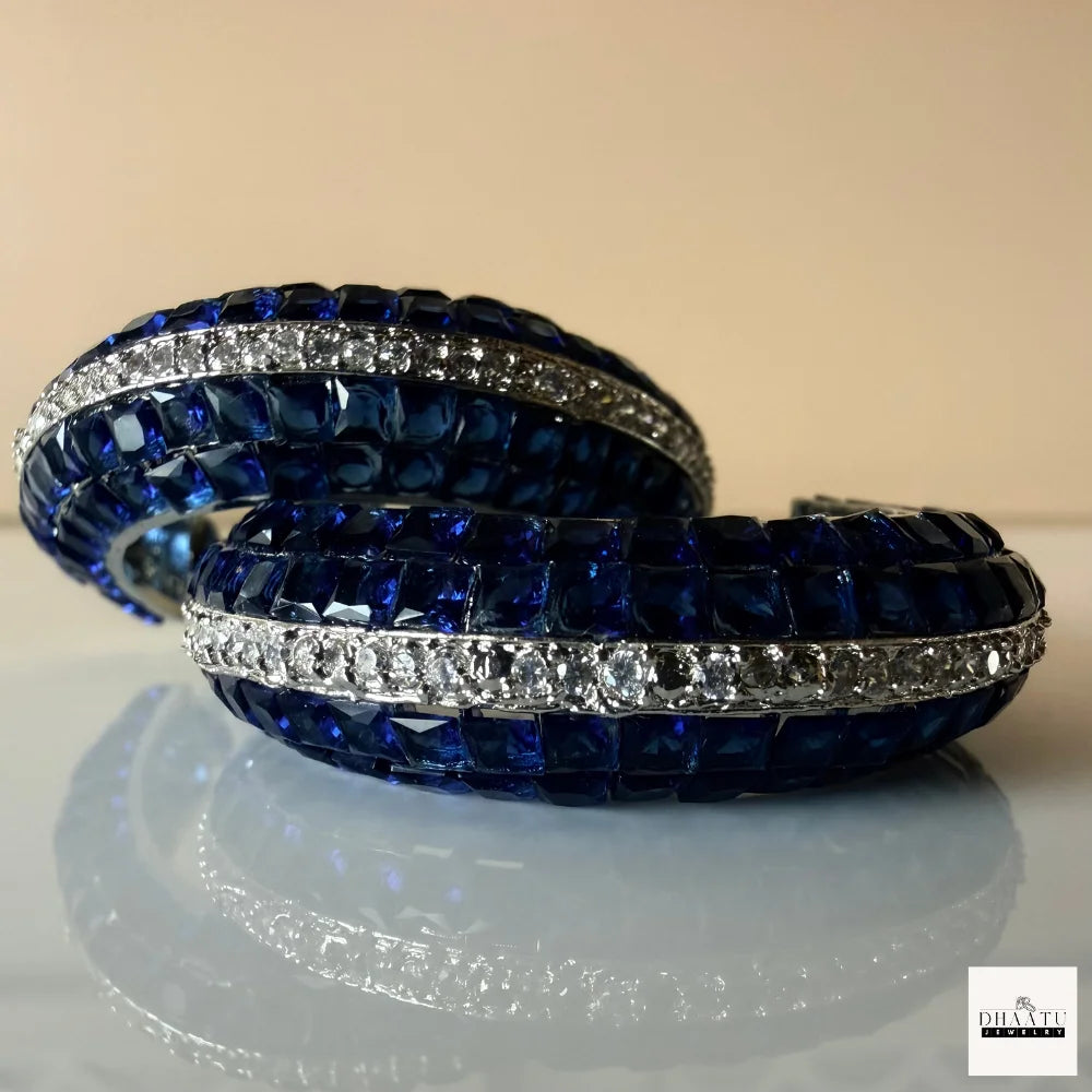 Royal Blue Princess-Cut Statement Hoops with Cubic Zirconia Accents – Silver Plated