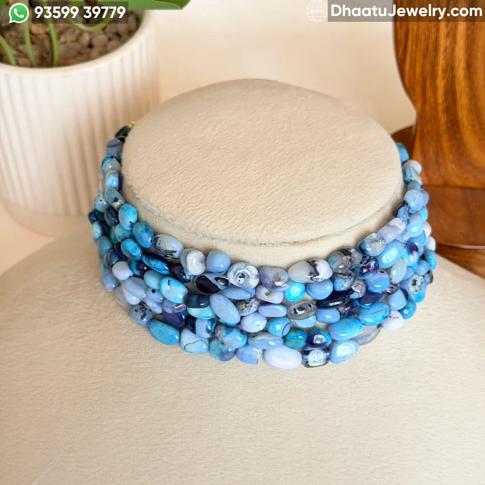 Handcrafted 6-Layer Blue Agate Natural Stone Choker Necklace | 4.5cm Wide & 23cm Long Beaded Statement Jewelry