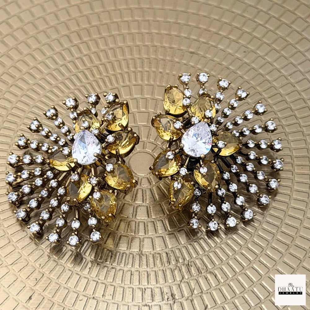 Crystal Floral Statement Studs | Antique Gold Plating