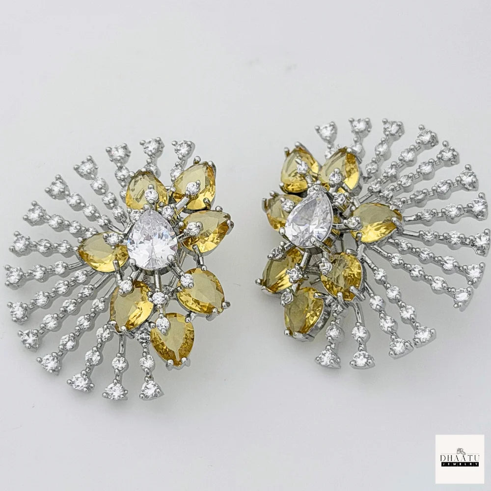 Celestial Sunburst Statement Stud Earrings – Pear-Cut Cubic Zirconia & Crystal Halo (Available in 5 Colors) | Silver Plating