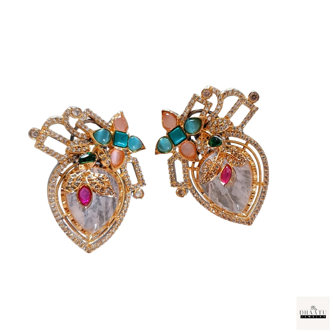 Artisan-Crafted Heart-Shaped Artificial Stud Earrings with Multi-Color Stones